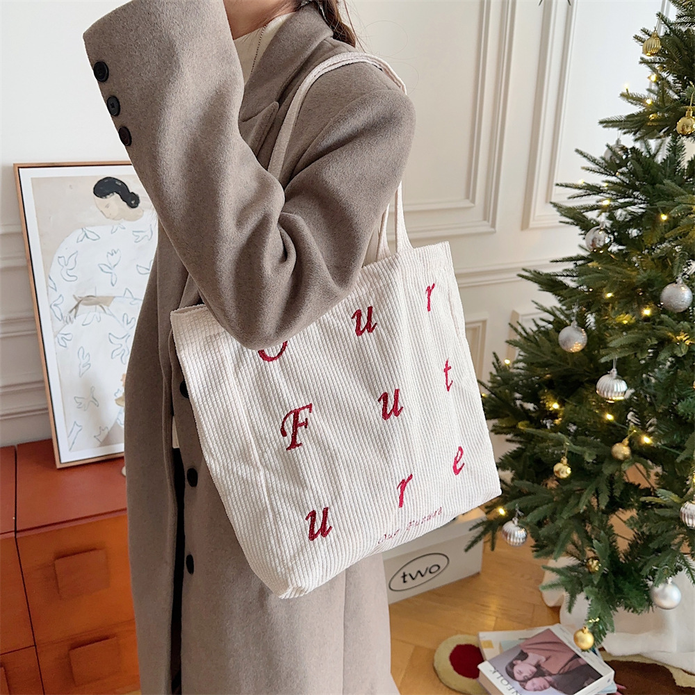 310262 embroidered letter future corduroy single-shoulder Maillard color hand-held canvas bag Women's tote bag Specification drawing