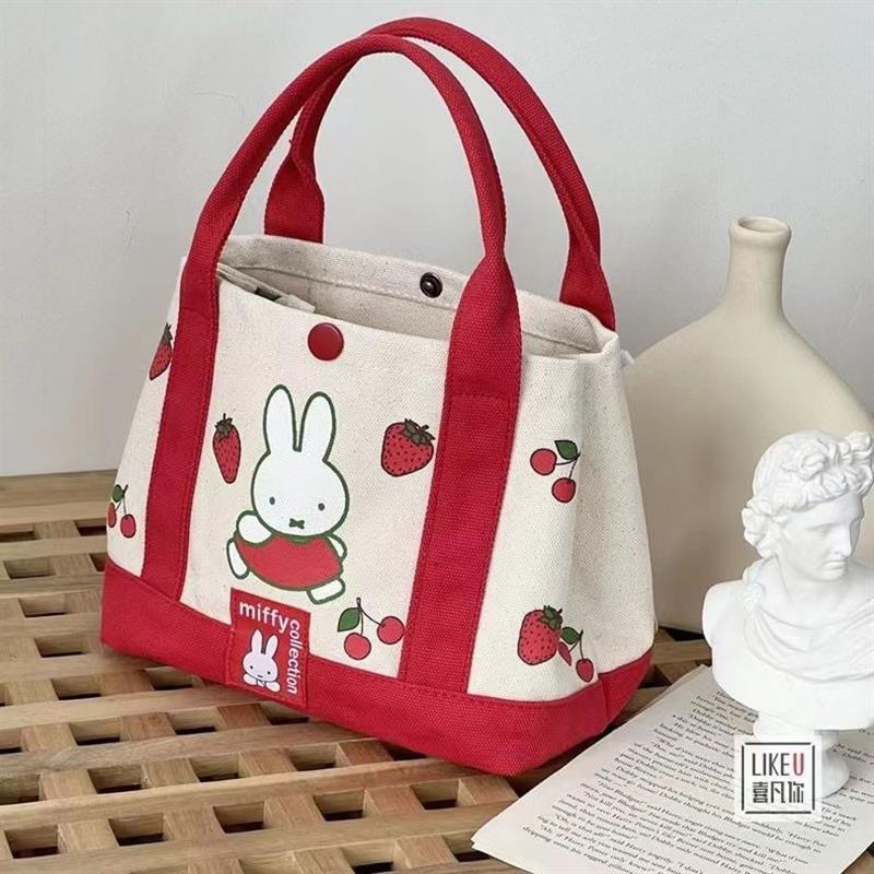New cartoon rabbit embroidered thickened canvas tote bag with multiple pockets, portable single-shoulder bag for moms to carry when going out details Picture