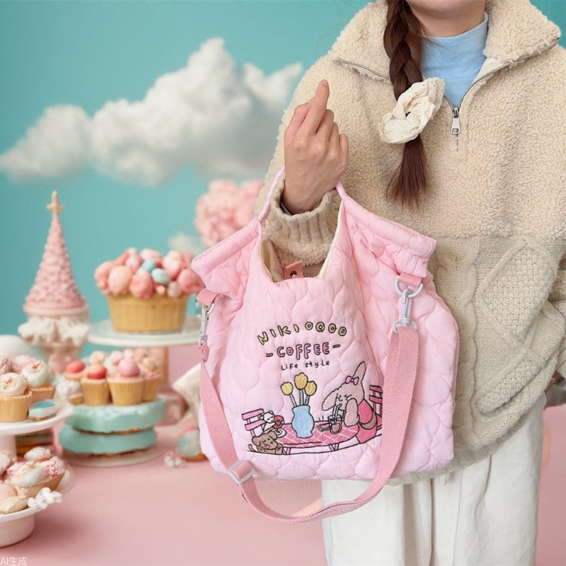 31223 Quilted soft crossbody bag, large capacity hand-held shoulder bag, cartoon embroidered little rabbit student handbag full figure