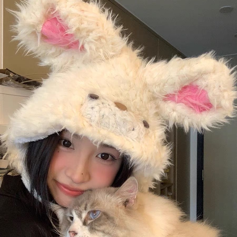 A new style of warm and anti-freezing plush rabbit ear cap on Instagram, a Lei Feng cap with a big head and a cartoon cute ear-protecting cap for women details Picture