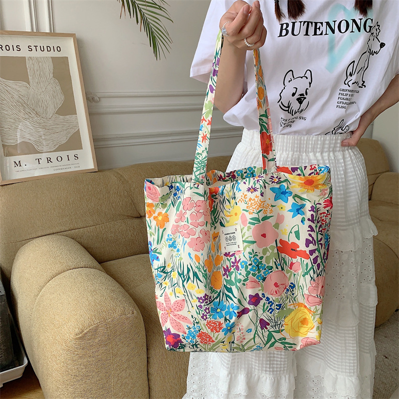 26101 Summer Floral Fabric Bag, Large Capacity rose Canvas Bag, beach Bag, Shopping Bag, single-shoulder bag full figure