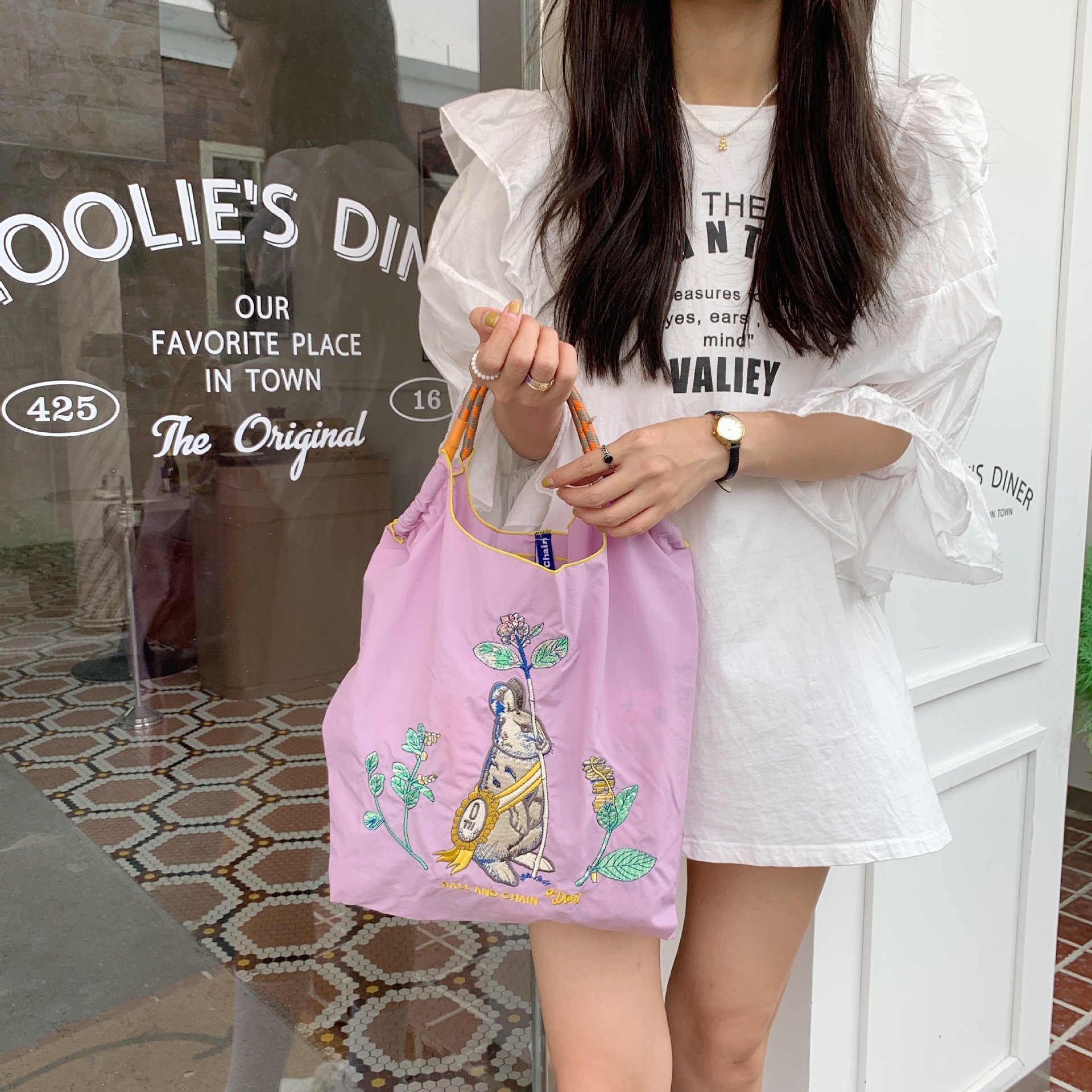 24271 Popular Japanese niche embroidered shopping bag, nylon handbag, student shoulder bag, eco-friendly bento bag details Picture