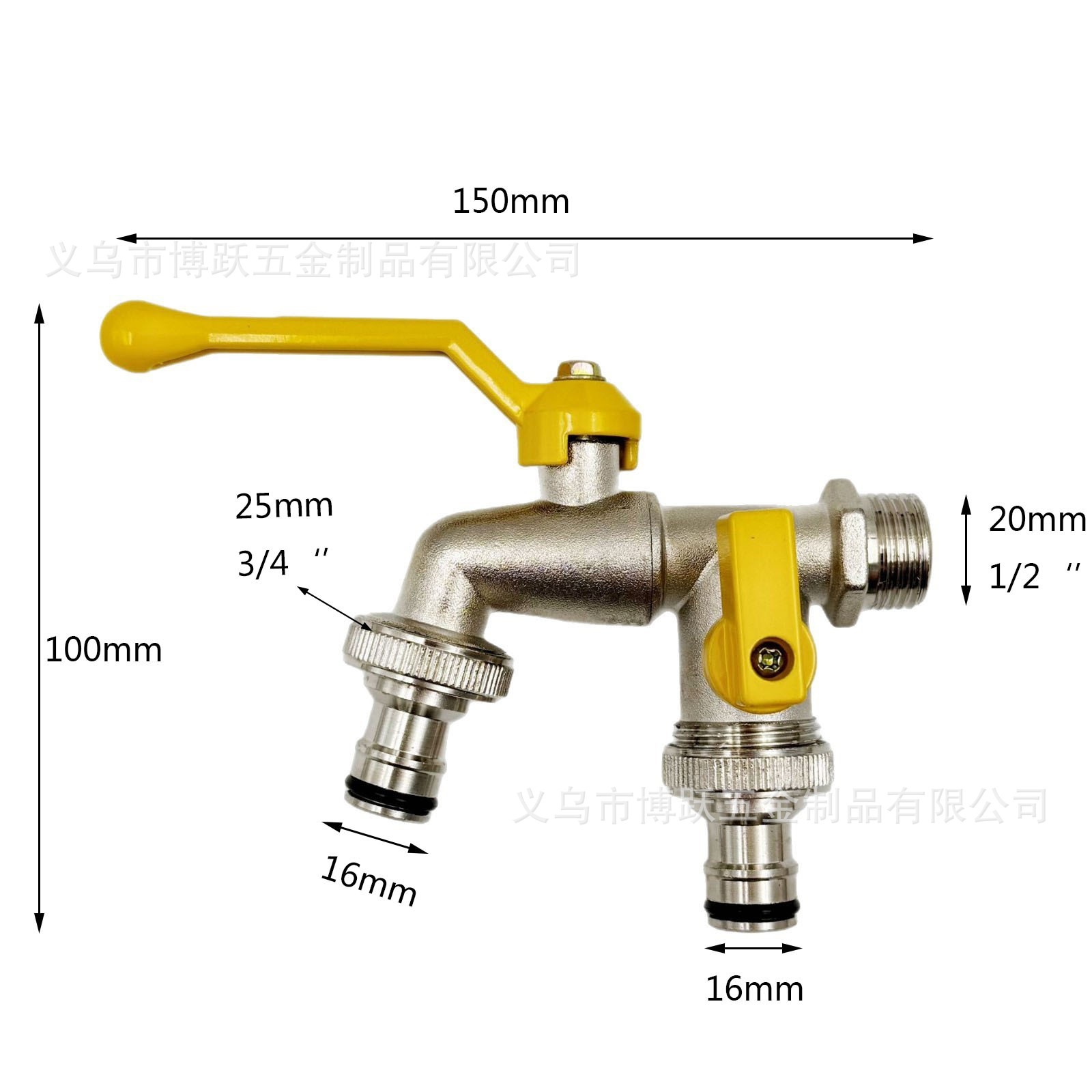 Cross-border exclusive zinc alloy one-inlet and two-outlet faucet yellow aluminum handle garden car wash faucet faucet can be sent on behalf of customers Specification drawing