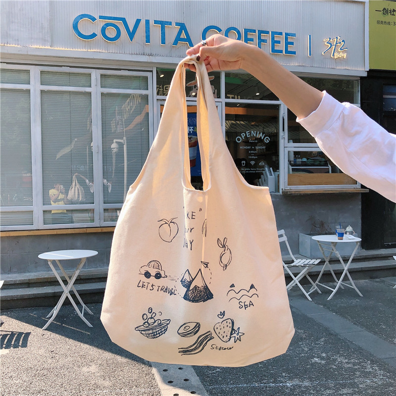99304 ins single-shoulder hand-carry canvas bag, cute cartoon illustration tote bag for girls, student trend full figure