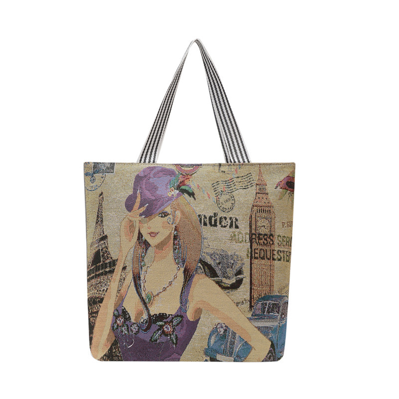 Cross-border 2025 Spring Fashion Illustration Tote bag, Artistic and retro shoulder bag, underarm bag, Single-sided embroidered bag for women Item Picture