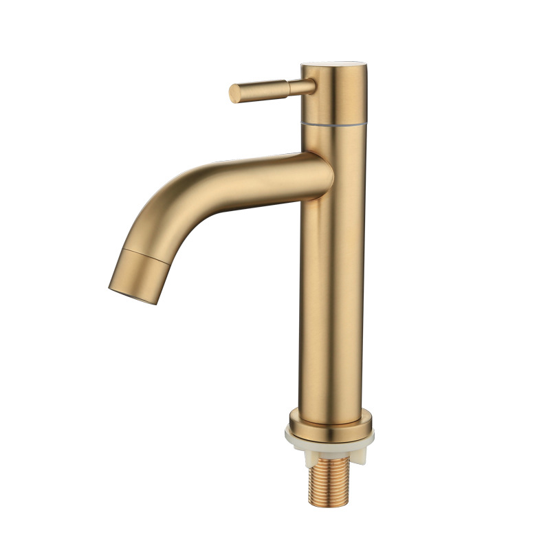 sus304 brushed gold single cold washbasin faucet, stainless steel bathroom countertop faucet, 4-inch interface pvd art Specification drawing