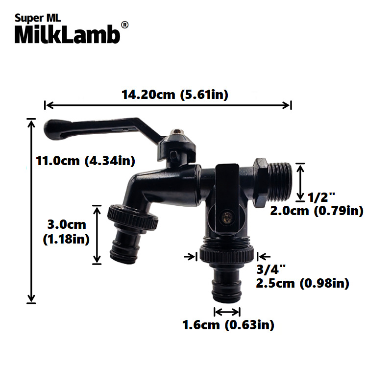 Cross-border exclusive gardening double water outlet zinc alloy faucet, one in and two out double pacifier alloy faucet [All black Specification drawing