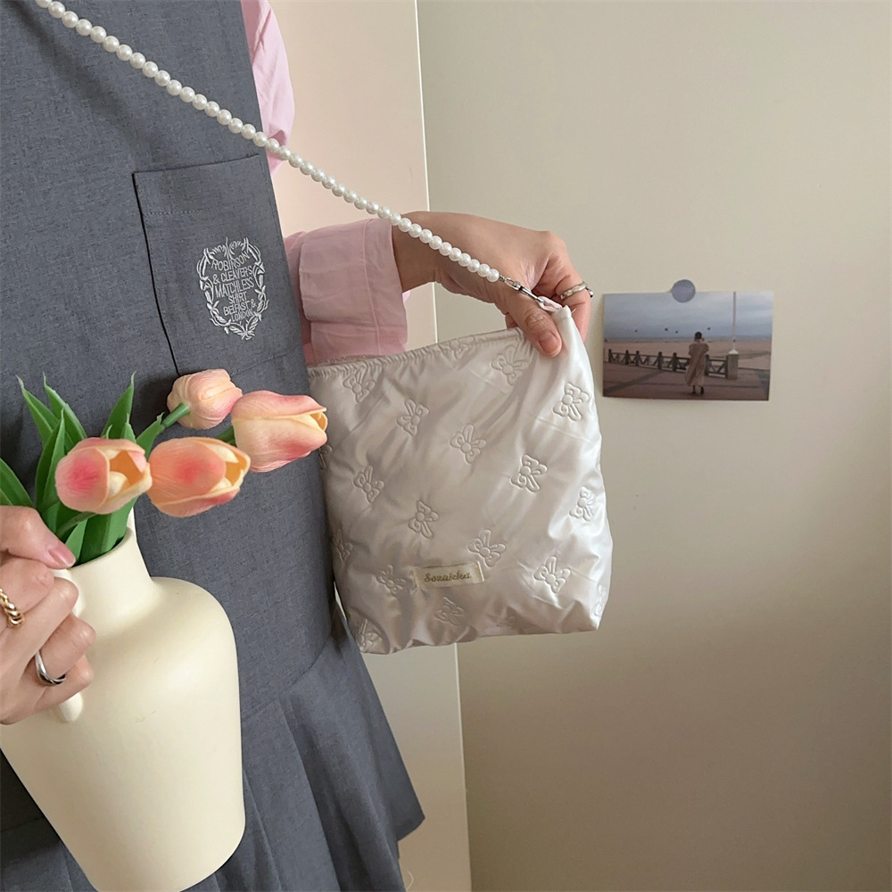 5392 pu cotton-padded new bow crossbody small bag, phone bag, pearl chain portable makeup bag, storage bag details Picture