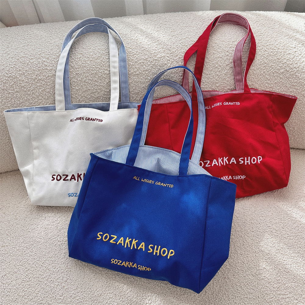49191 New letter-embroidered canvas bag, artistic and casual, large-capacity single-shoulder bag, women's reversible tote bag full figure