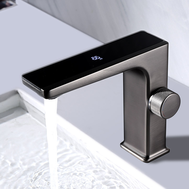 Yida free shipping, grey gun, pure copper household cold and hot temperature smart digital display bubble washbasin faucet available for delivery full figure