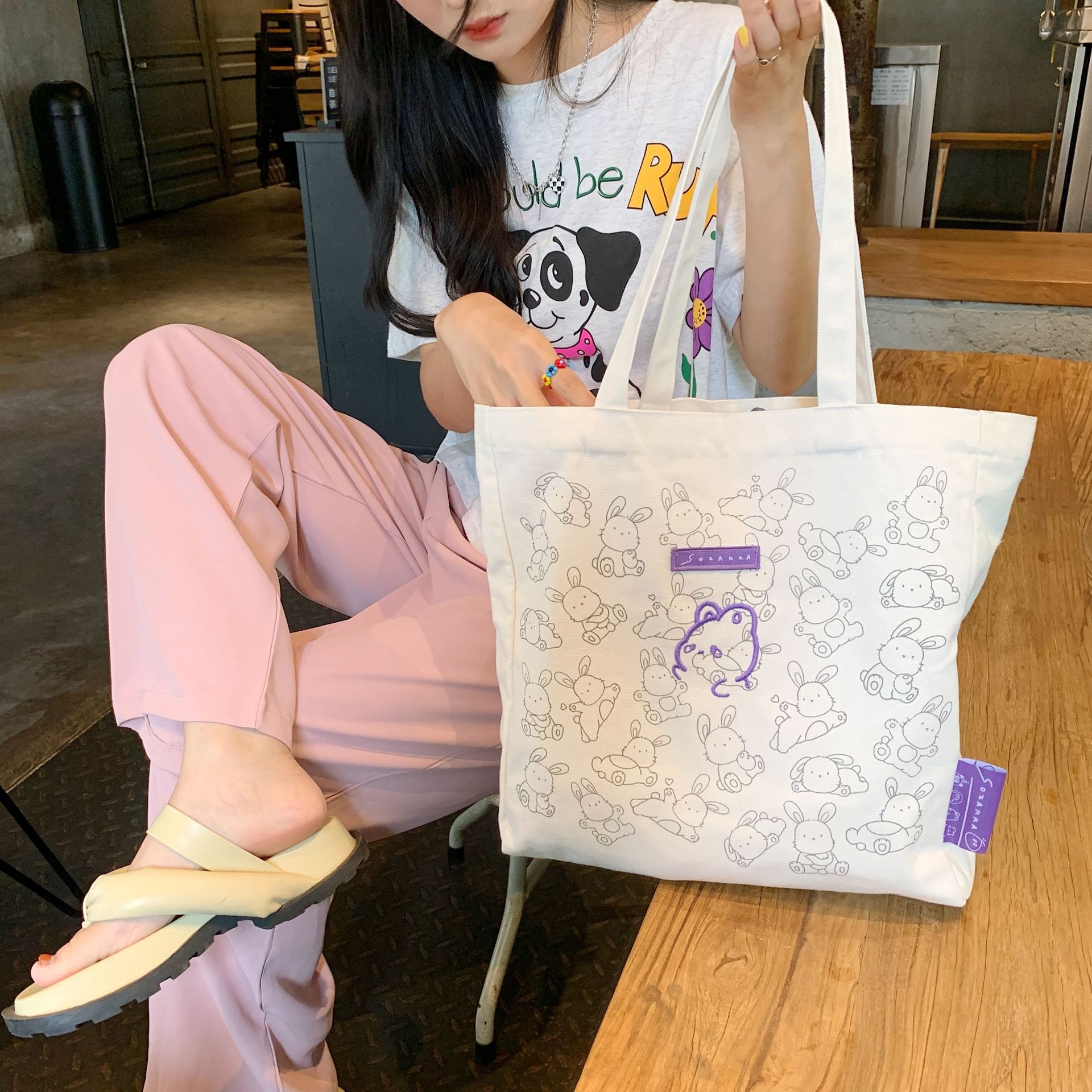Stock 26104 Little Rabbit Canvas Bag, large-capacity single-shoulder bag for women, simple student double-shoulder handbag, durable details Picture