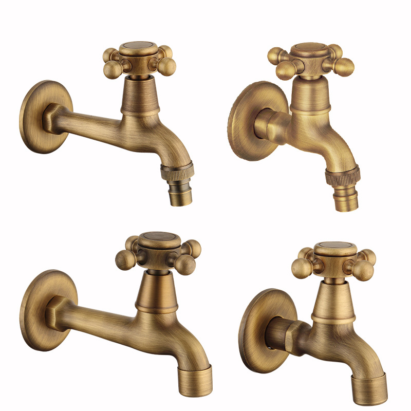 The washing machine faucet is made of retro brass, with a quick-opening single cold mop. It is a sink faucet with one inlet and two outlets, and a double faucet Item Picture