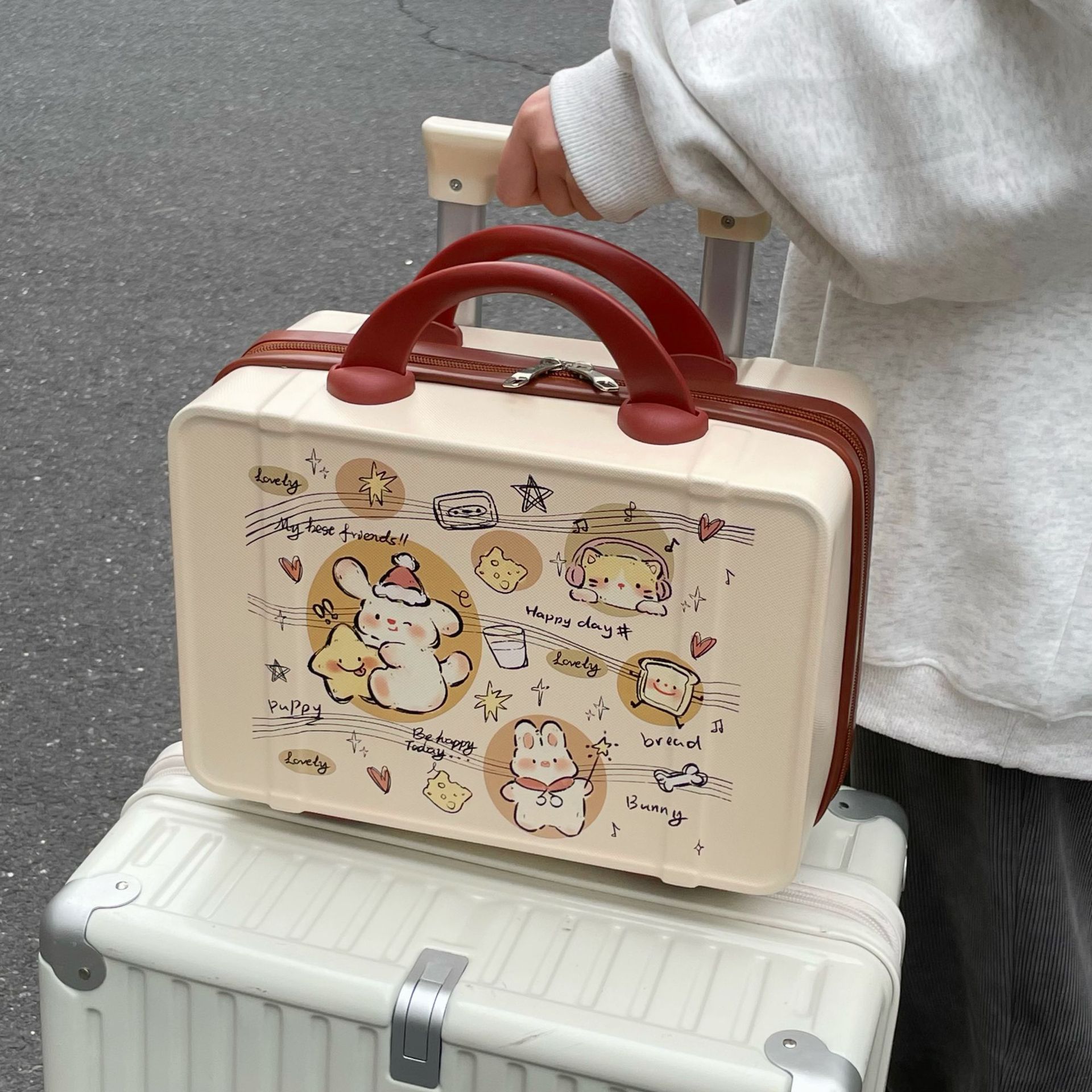 Customizable printed cosmetic case, hand-held suitcase, women's retro 14-inch ins student storage bag, portable travel case Specification drawing