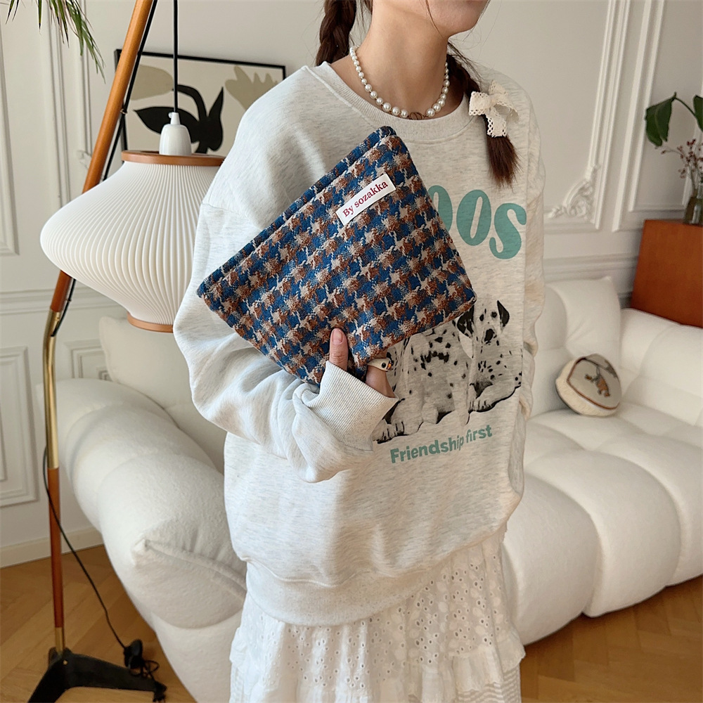 311023 ins Casual woolen small square bag, retro thousand bird check pattern cosmetic bag, loose change clutch, storage bag details Picture