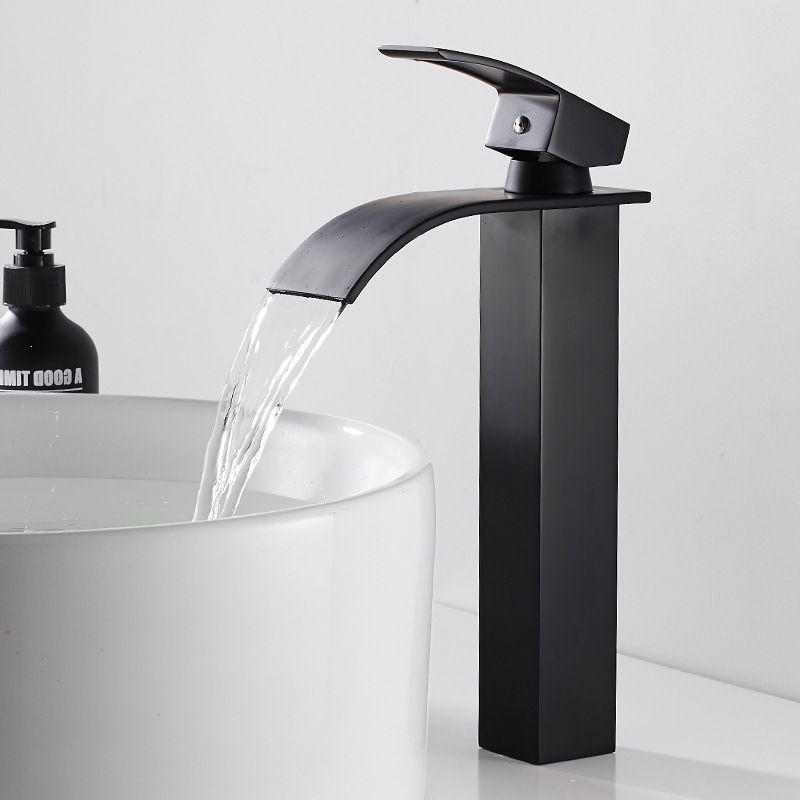 Waterfall basin, faucet, hot and cold, all-copper washbasin, washbasin, bathroom cabinet, black bathroom countertop basin, cross-border Application Scenario