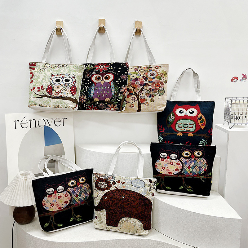 Spring 2025 New Korean-style woven flower cartoon owl canvas bag, women's fashionable single-shoulder bag, large-capacity handbag full figure
