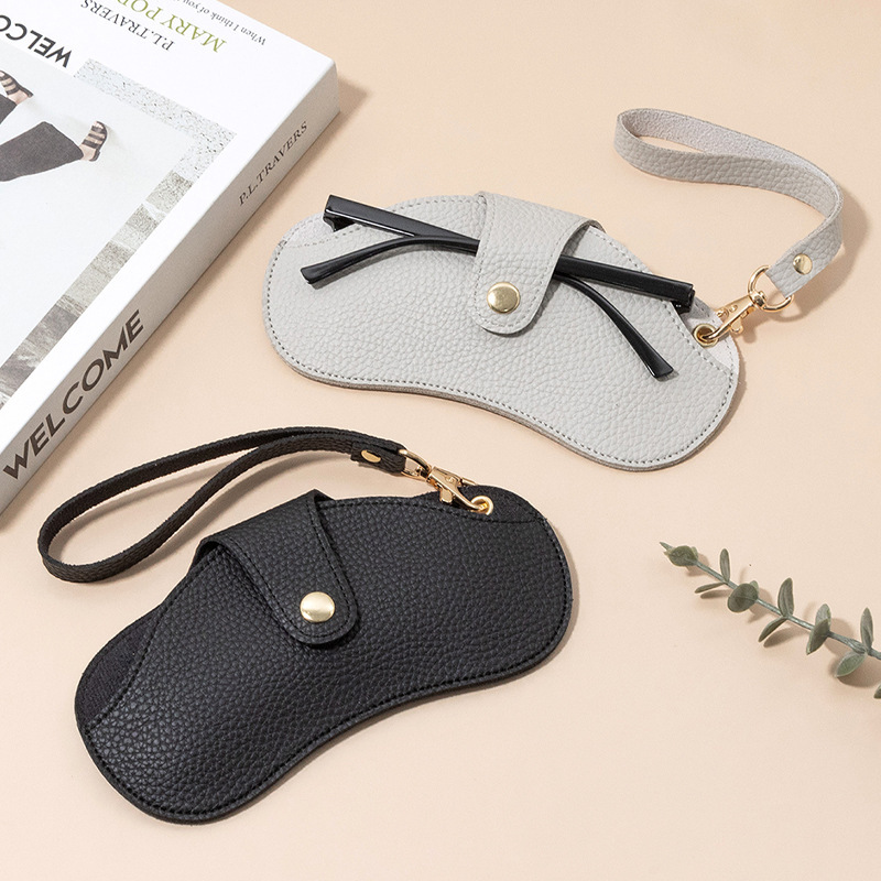 Portable sunglasses bag, sunglasses storage bag, lychee pattern glasses case, neck strap, leather glasses case clip, protective case Specification drawing