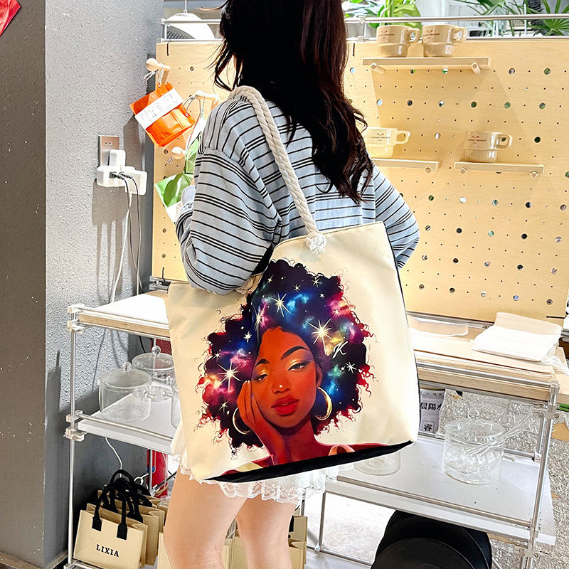 Fashionable and versatile tote bags, new cross-border women's portable shopping bags, creative women's printed aesthetic beach bags for women details Picture