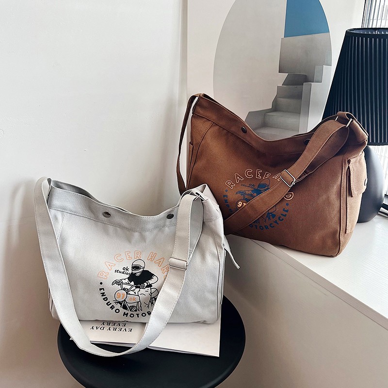 Wholesale large-capacity casual commuting women's single-shoulder bags, Korean-style trendy and fashionable handbags, LOGO printed canvas bags details Picture