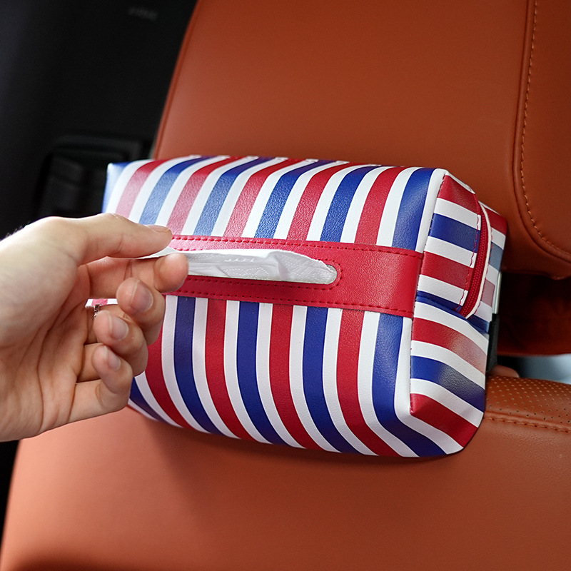 Car tissue box, sun visor, hanging three-color fabric, new French red, blue and white creative handrail strap tissue box full figure