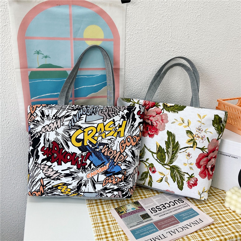 Wholesale of new canvas large-capacity women's bags, printed handbags, Korean-style tote bags, artistic student bags and cross-border bags Specification drawing