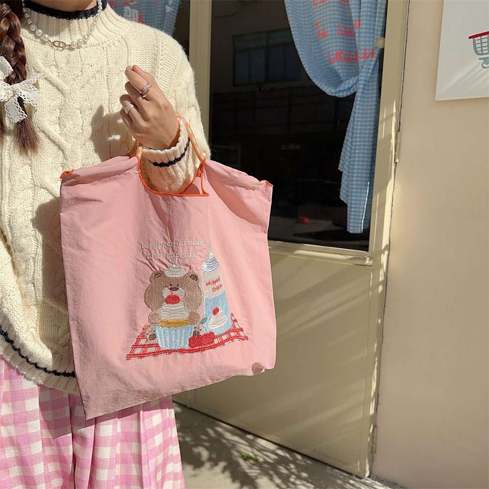 M31192 Cute cartoon embroidered cloth bag, Oxford shopping bag, portable large-capacity tote bag with hand and shoulder full figure