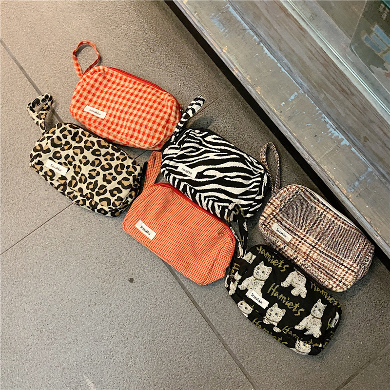 13311 checkered color-blocking large-capacity cosmetic bag, women's leopard print fashionable clutch, canvas storage bag wholesale full figure