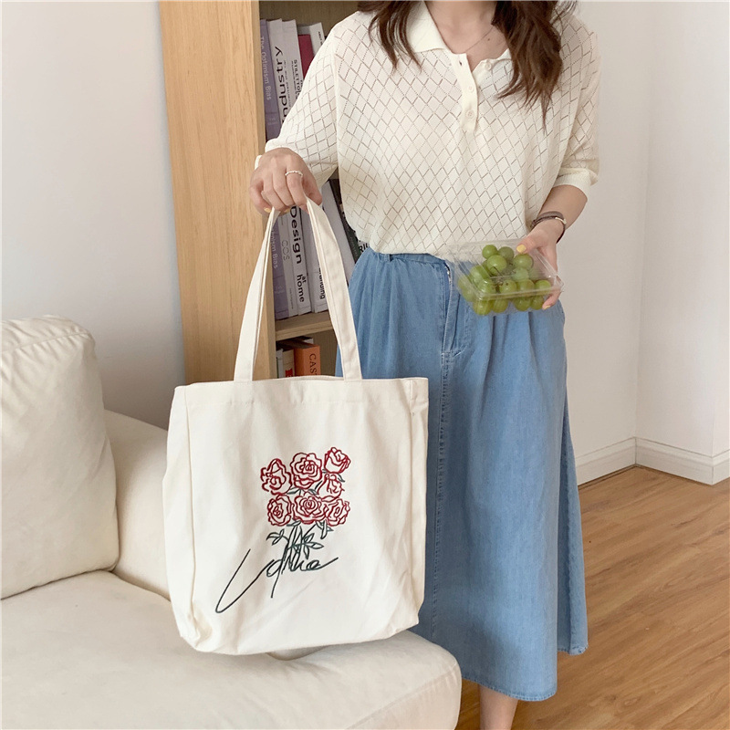 14301 Korean version embroidered rose retro canvas bag, ins laid-back style artistic college student single-shoulder bag wholesale Application Scenario