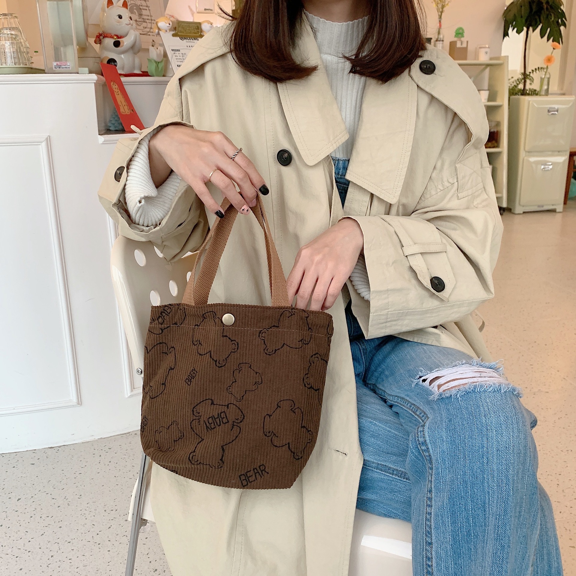0571baby Bear Corduroy Bento Bag, Portable large-capacity storage bag, Lunch box, hand-carry bag Specification drawing