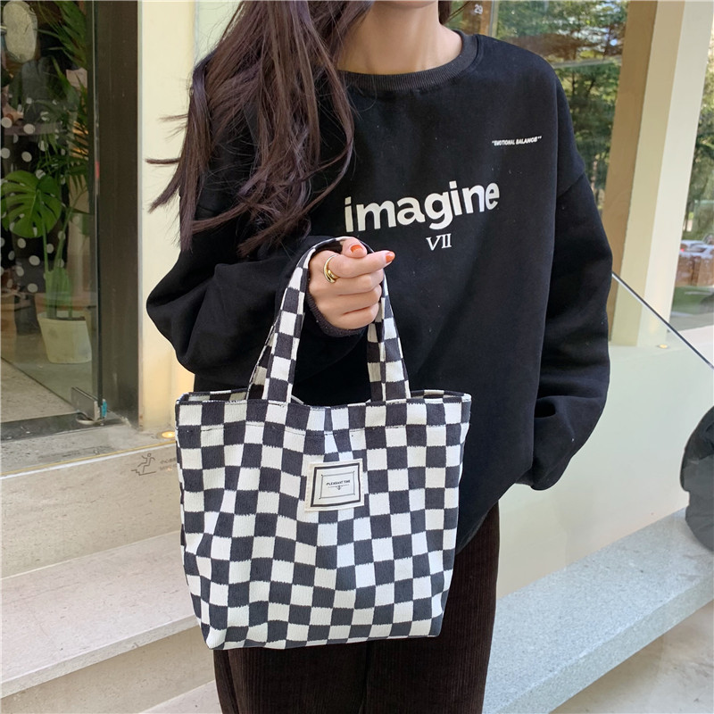 11261 Corduroy checkered hand-held bento Bag, ins Artistic Retro Mommy Bag, small carrying bag for going out, lunch box bag details Picture