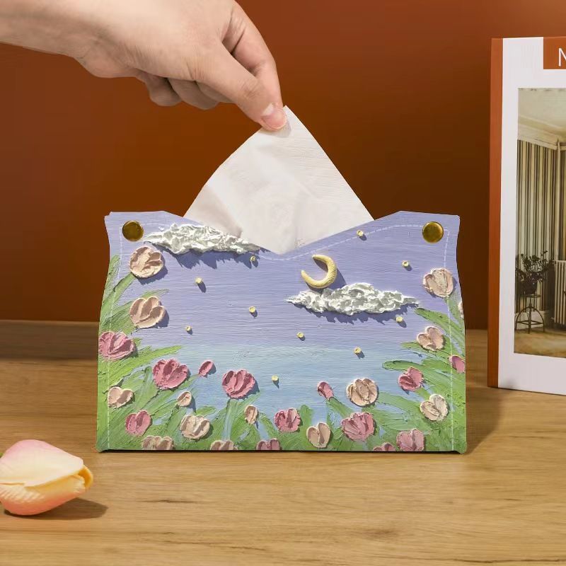 Creative tulip oil painting tissue box, light luxury tissue box, car living room tissue case, high-end storage for home decorations details Picture
