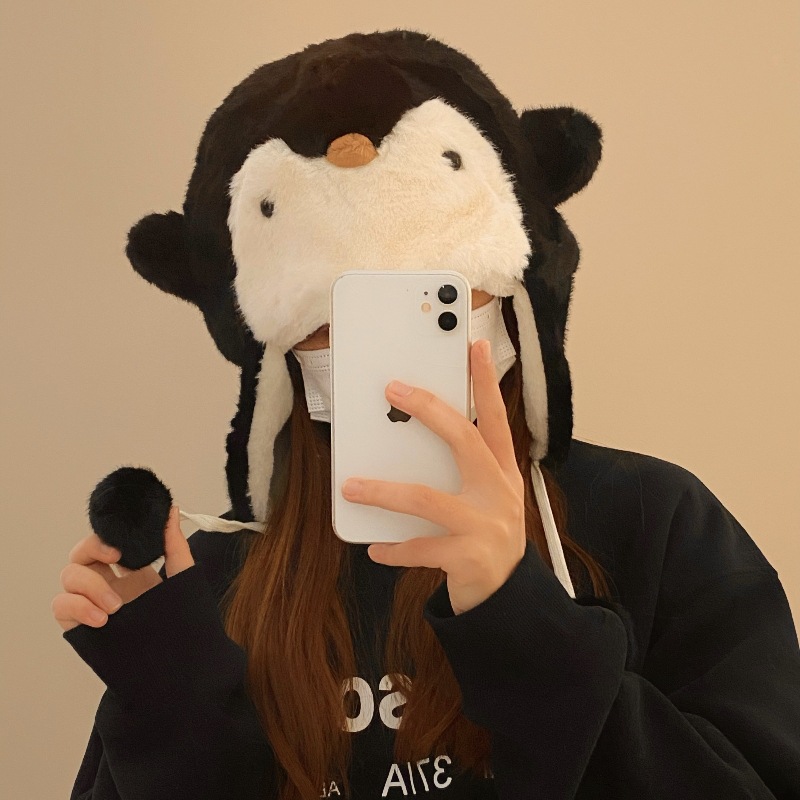 New cute penguin warm plush hat for women, thickened winter cold-proof ear-protecting Lei Feng hat, cycling and skiing hat full figure