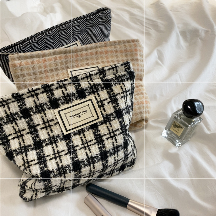 11096 woolen checkered color-blocking large-capacity cosmetic bag, women's fashion clutch, canvas storage bag wholesale full figure
