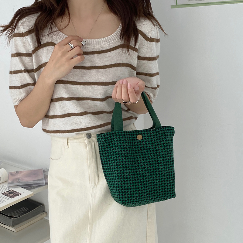 【 In Stock 】19151 woolen tweed checkered bento bag for commuting, hand-held, female student, mom's lunch box bag details Picture