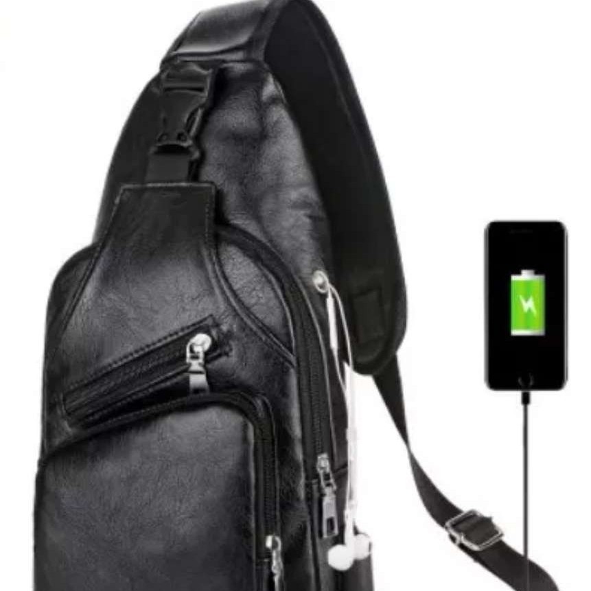 New cross-border casual men's single-shoulder bag, outdoor sports usb charging chest bag, men's pu business crossbody bag details Picture