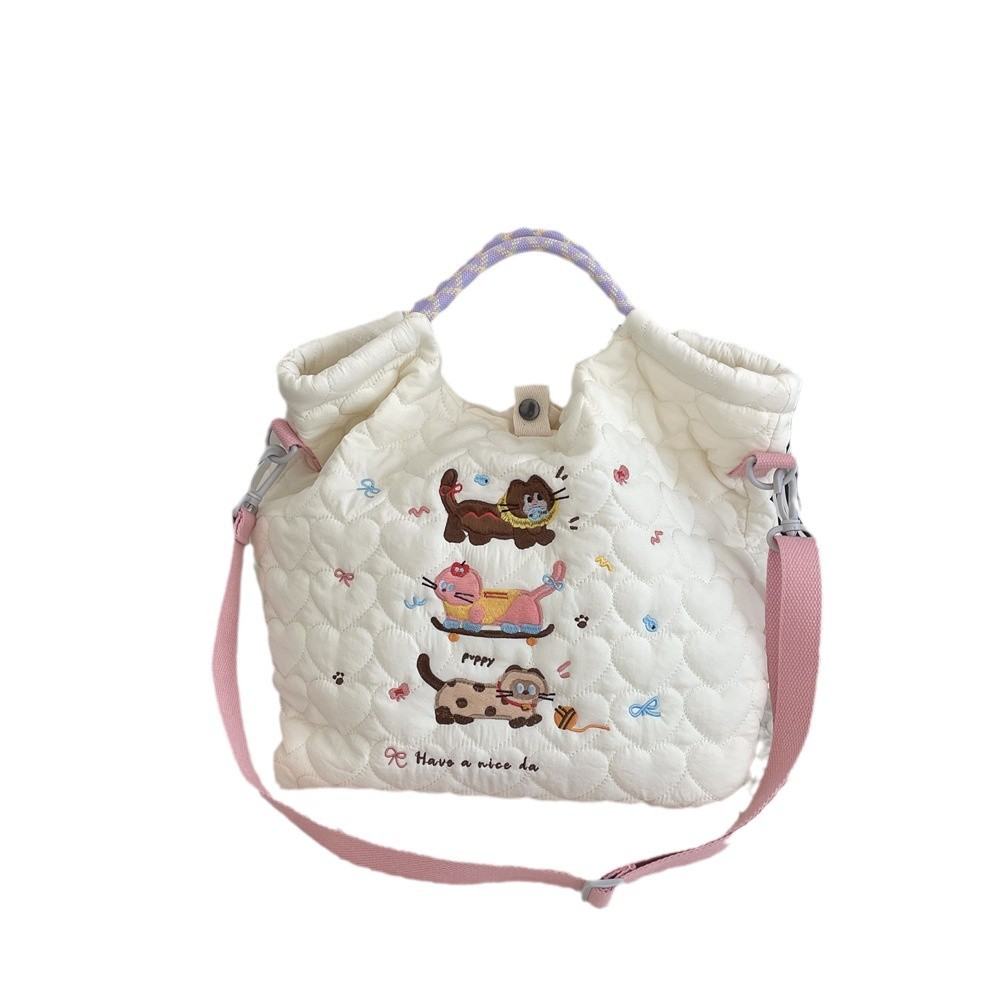 49272 Winter quilted cotton-padded cartoon embroidery handbag, crossbody bag, large capacity shoulder bag, Commuter hand-held bag Item Picture