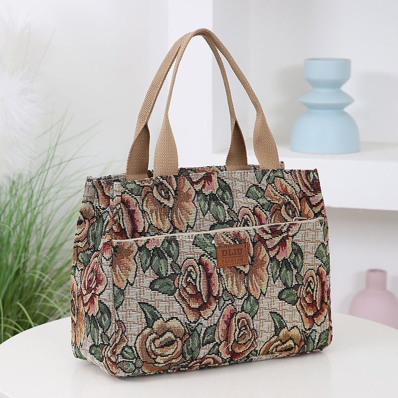 This retro handbag features a tote flower oil painting style. It's convenient to carry a lunch box to work. It has a large capacity and is a mommy bag for going out details Picture