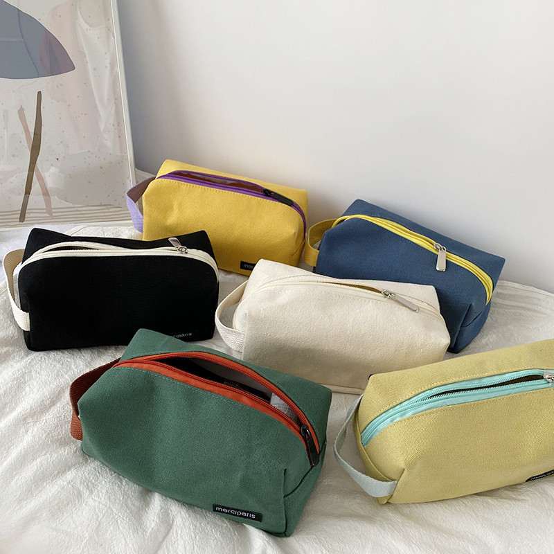 1971 Fresh and contrasting color makeup bag, large-capacity student pen case, clutch bag, canvas storage bag wholesale full figure