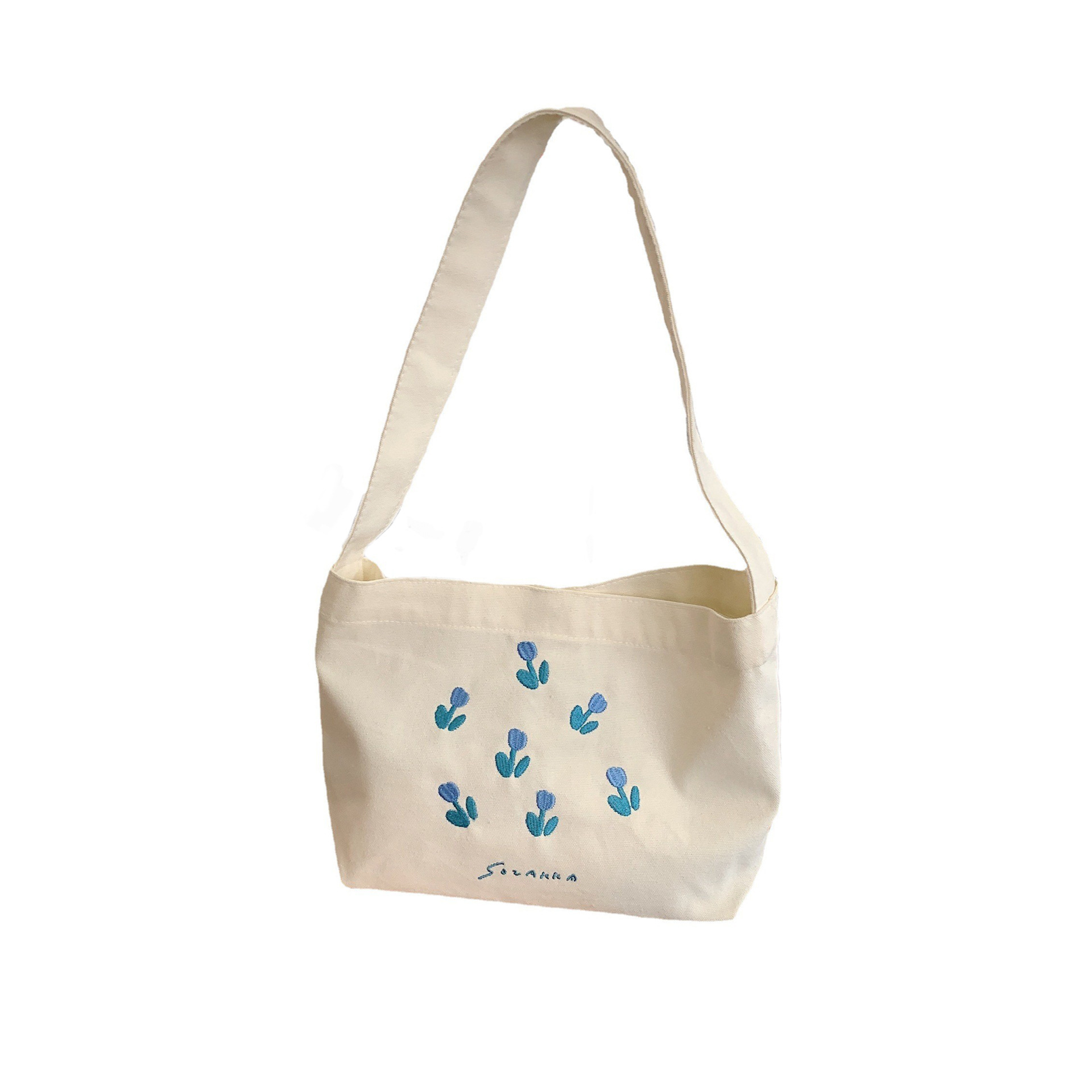 26221 Cute tulip single-shoulder canvas shoulder bag, simple and fresh student tote bag for class Item Picture