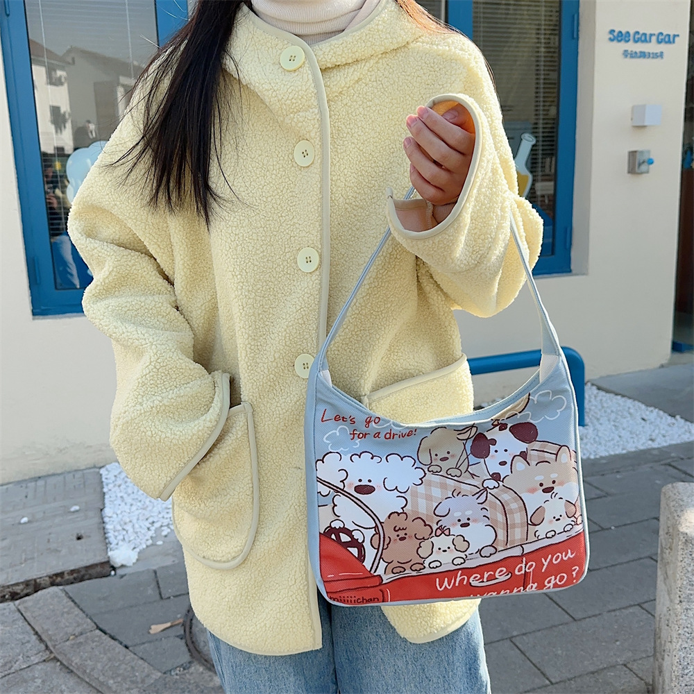 M312111 Cartoon Bear printed canvas tote bag, large-capacity student fashionable commuting single-shoulder bag, underarm bag details Picture