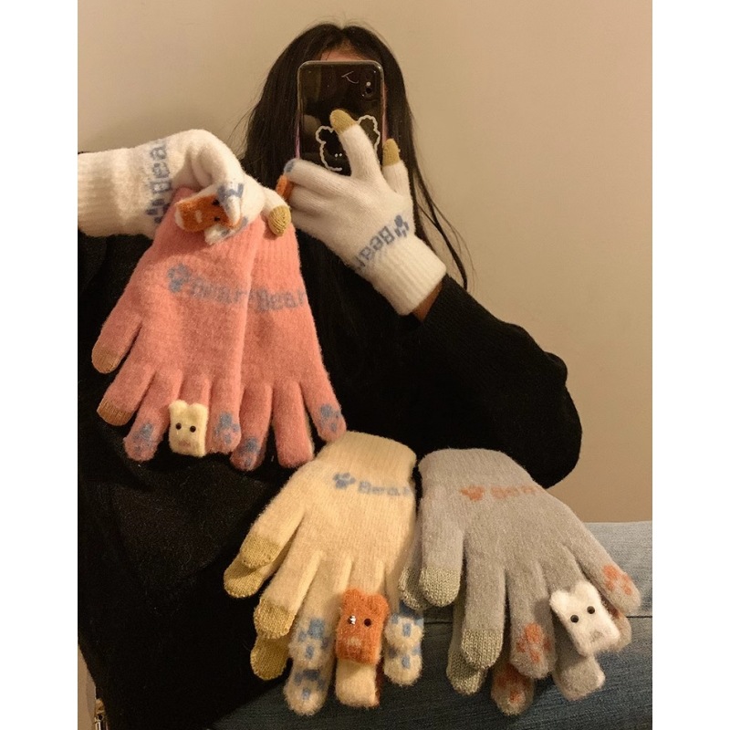 Cartoon cute gloves for girls in winter, thickened with fleece, five-fingered student cycling, cold-proof touch screen warm wool gloves Specification drawing