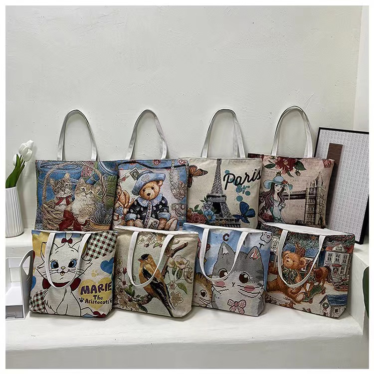 Cross-border autumn new retro orange cat, high appearance level embroidery, double-sided out, large capacity zipper single-shoulder handbag full figure
