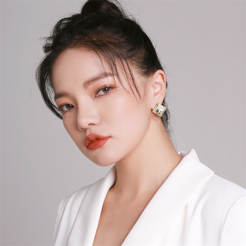 Xuhui brand exquisite and light luxury copper plated with real gold and zirconia 925 silver needle square fashionable and elegant stud earrings details Picture
