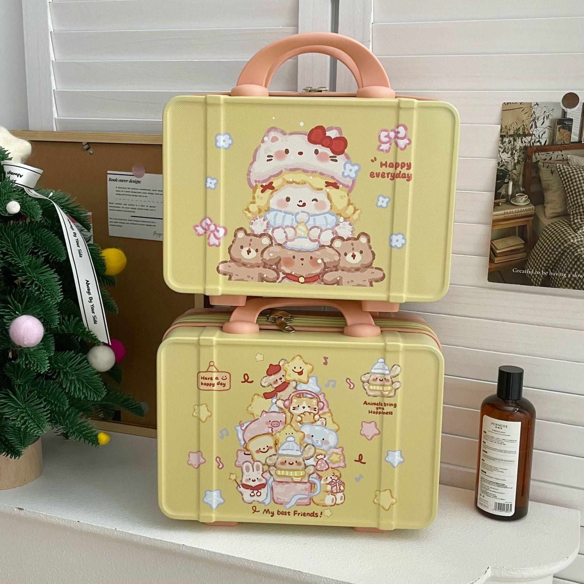 2024 New style carry-on suitcase Cartoon cat makeup bag, large-capacity portable cartoon cosmetics storage box for women full figure