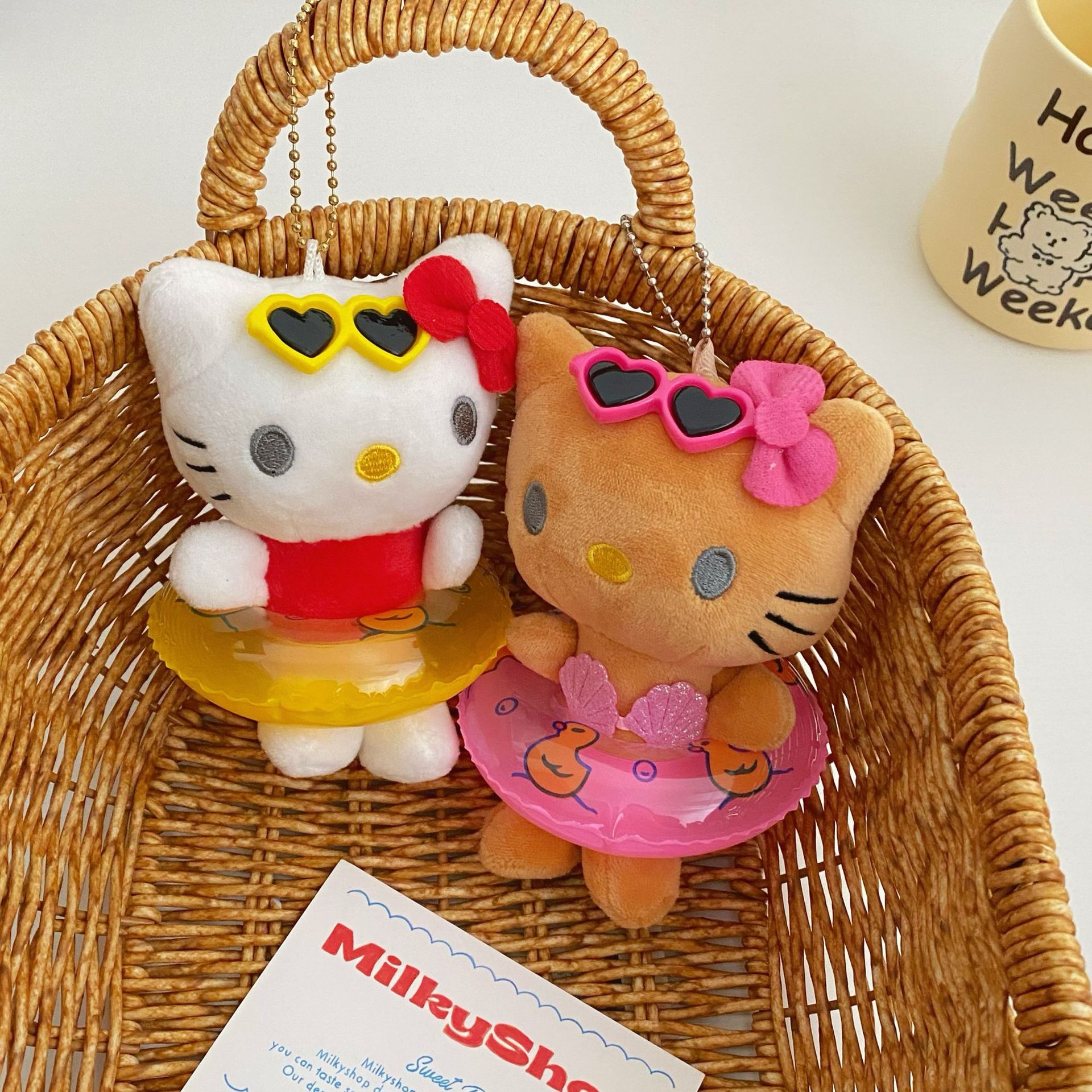 Swimming ring, cat trinket, plush toy, bag, hanging decoration, cute summer swimming ring doll, cartoon keychain for girls Specification drawing