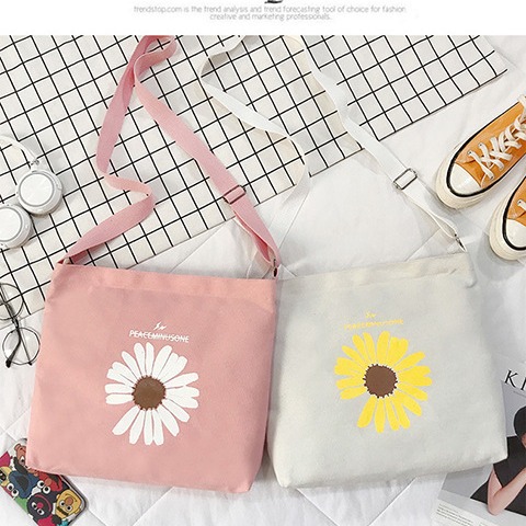 Factory direct sales of printed fashionable hand-held shoulder bags, large capacity versatile canvas bags, small Daisy simple shopping bags for women Specification drawing