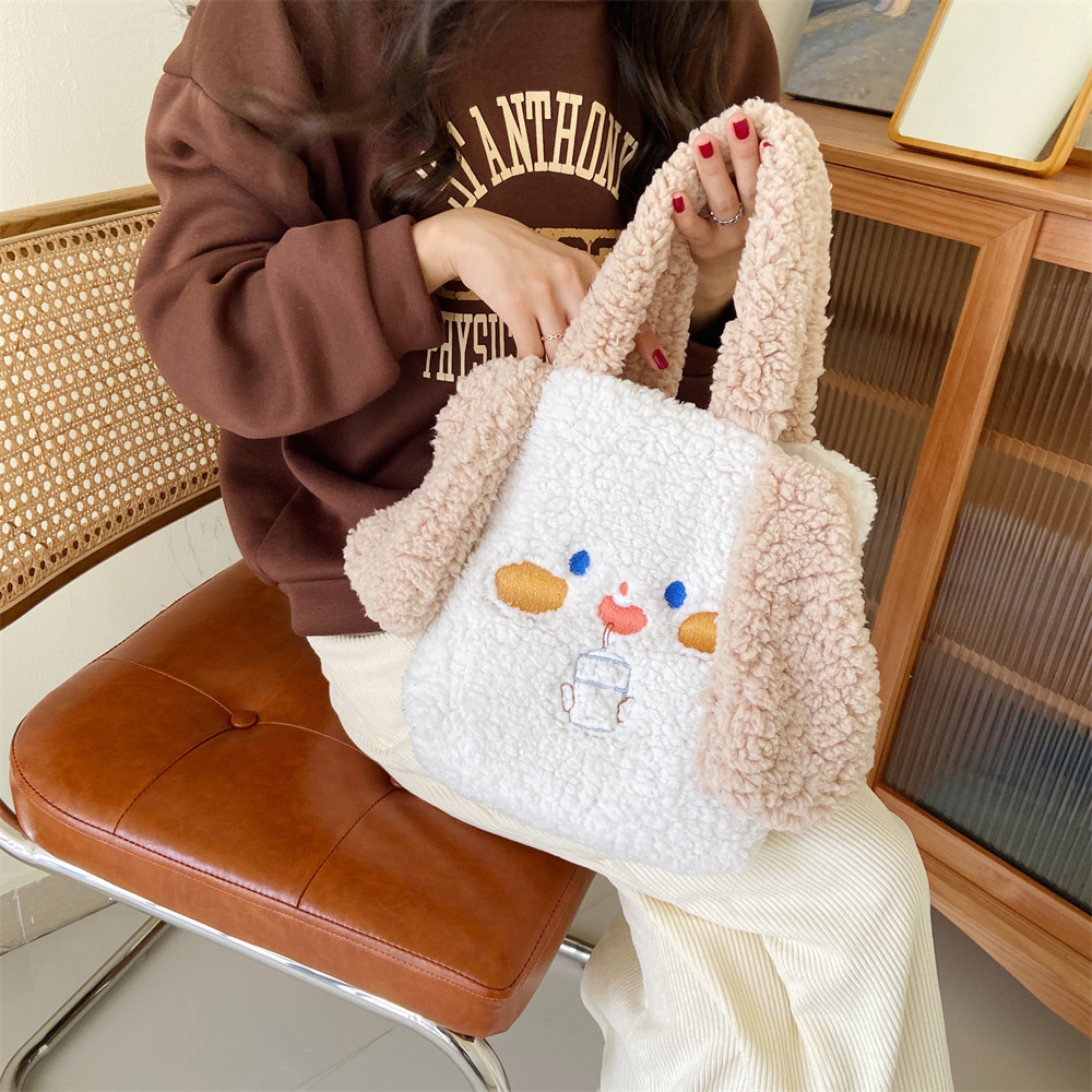 010293 Plush dog ear tote bag, embroidered handbag, autumn and winter student plush bento bag, cute style full figure