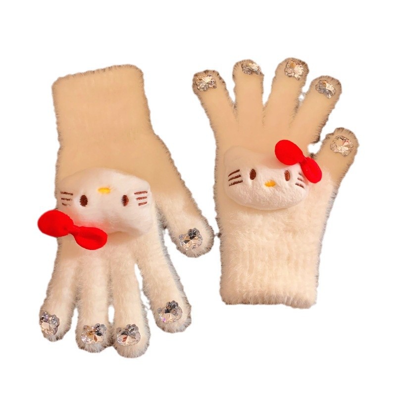 Diamond nail art cat plush gloves, thickened warm finger gloves for autumn and winter, student cycling cold-proof five-finger gloves Item Picture