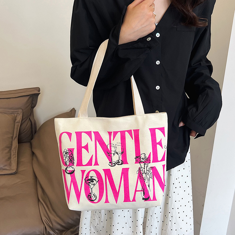Gentlewoman's new large-capacity canvas bag, a single-shoulder shopping bag with letters, is a versatile student commuting tote bag details Picture