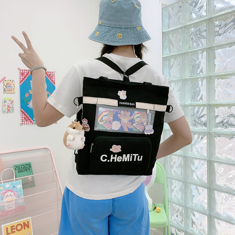 Korean-style canvas bag for girls with one shoulder, in the style of Harajuku, ulzzang, with a large capacity and contrasting colors, is a crossbody hand-held schoolbag for classes Specification drawing